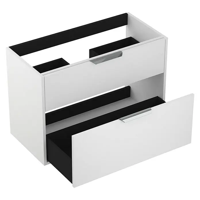 Outlets Bath Waschbeckenunterschrank Triana - Weiß, 80 x 38 x 56 cm, Farbe Griff: Chrom - Weißer Badezimmerschrank mit zwei Schubladen, wobei die untere Schublade leicht geöffnet ist und silberne Griffe hat.