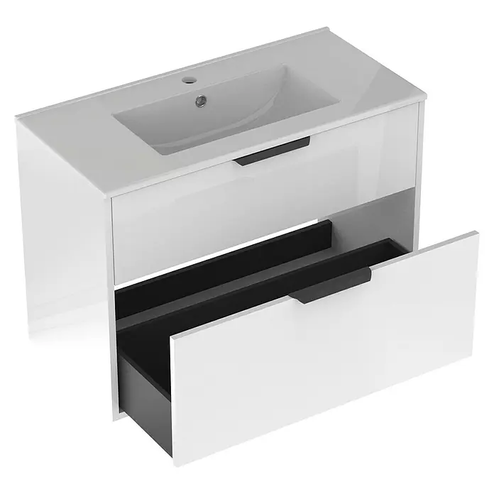 Outlets Bath Waschbeckenunterschrank Triana - Weiß, 80 x 38 x 54 cm, Farbe Griff: Schwarz, Hochglänzend - Modernes Waschbeckenunterschrank-Set in Weiß mit offenem Schubfach für Badezimmer. Praktische Badezimmereinrichtung.