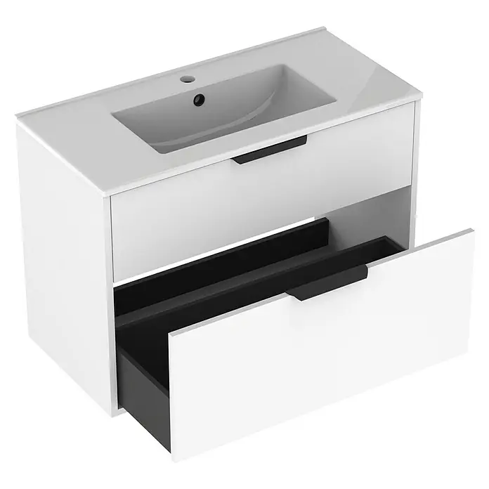 Outlets Bath Waschbeckenunterschrank Triana - Weiß, 80 x 38 x 54 cm, Farbe Griff: Schwarz, Matt - Weißer Waschtischunterschrank mit offenem Schubfach und eingelassenem Waschbecken für das Badezimmer. Elegantes Design für moderne Bäder.