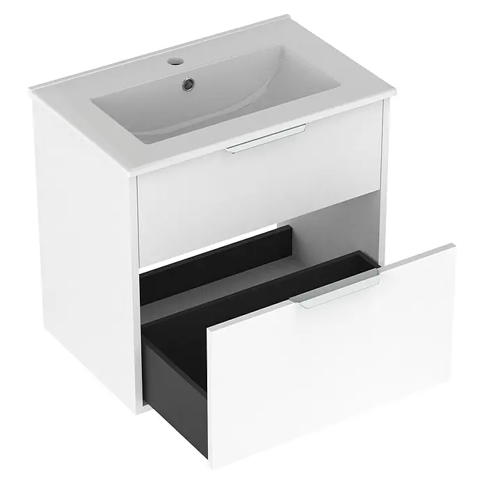 Outlets Bath Waschbeckenunterschrank Triana - Weiß, 60 x 38 x 56 cm, Farbe Griff: Chrom, Matt - Ein weißer Waschbeckenunterschrank mit offenem Schubfach, der modernes Design und Funktionalität für Badezimmer vereint.