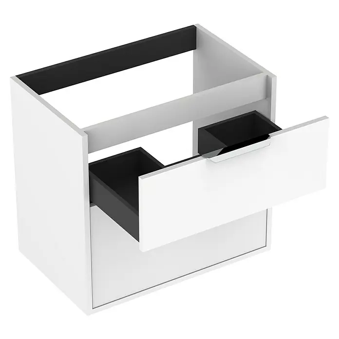 Outlets Bath Waschbeckenunterschrank Triana - Weiß, 60 x 38 x 56 cm, Farbe Griff: Chrom, Matt - Ein weißer Badezimmerschrank mit zwei offenen Schubladen, die dunkle Fächer haben. Moderner Look für jedes Bad.