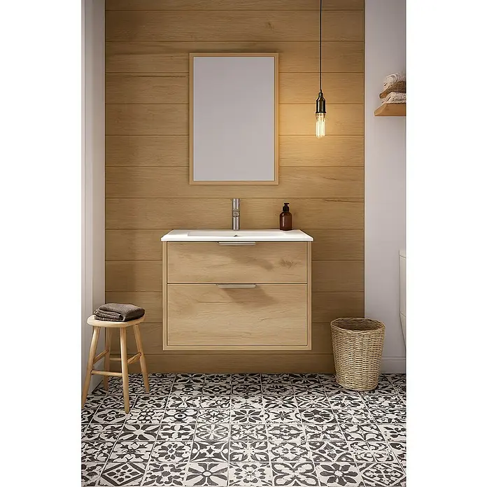 Outlets Bath Waschbeckenunterschrank Triana - Craft Oak, 60 x 38 x 56 cm, Farbe Griff: Chrom - Modernes Badezimmer-Waschbecken mit Holzstruktur, ergänzt durch einen Spiegel und eine stilvolle Beleuchtung.