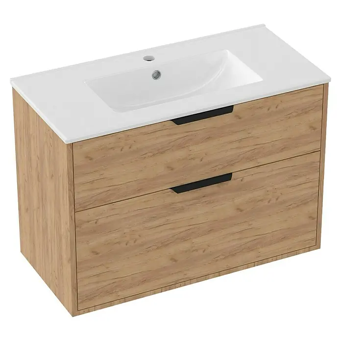 Outlets Bath Waschbeckenunterschrank Triana - Craft Oak, 80 x 38 x 54 cm, Farbe Griff: Schwarz - Ein moderner Waschtischunterschrank mit zwei Schubladen und einem weißen Waschbecken. Die Fronten haben eine Holzoptik.