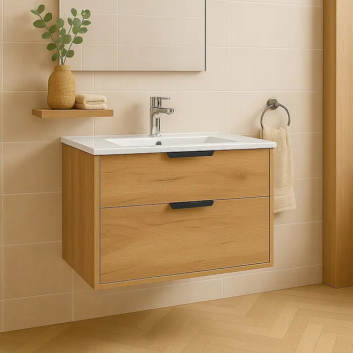 Outlets Bath Waschbeckenunterschrank Triana - Craft Oak, 80 x 38 x 54 cm, Farbe Griff: Schwarz - Waschbeckenunterschrank mit zwei Schubladen und modernem Design für das Badezimmer.\n
