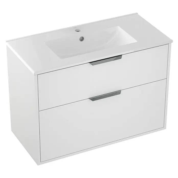 Outlets Bath Waschbeckenunterschrank Triana - Weiß, 80 x 38 x 56 cm, Farbe Griff: Chrom - Moderner Badezimmerschrank mit zwei Schubladen und einem Waschbecken aus Keramik mit eleganten Griffen.