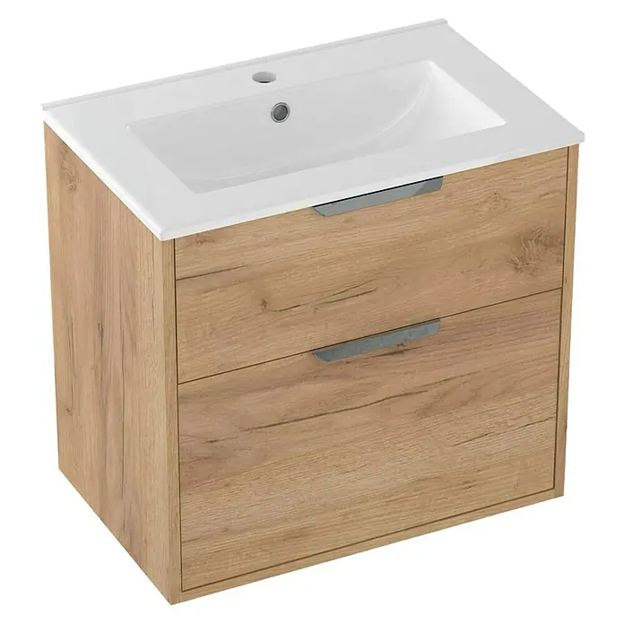 Outlets Bath Waschbeckenunterschrank Triana - Craft Oak, 60 x 38 x 56 cm, Farbe Griff: Chrom - Moderne Waschtischkombination mit zwei Schubladen und einem weißen Waschbecken für das Badezimmer.