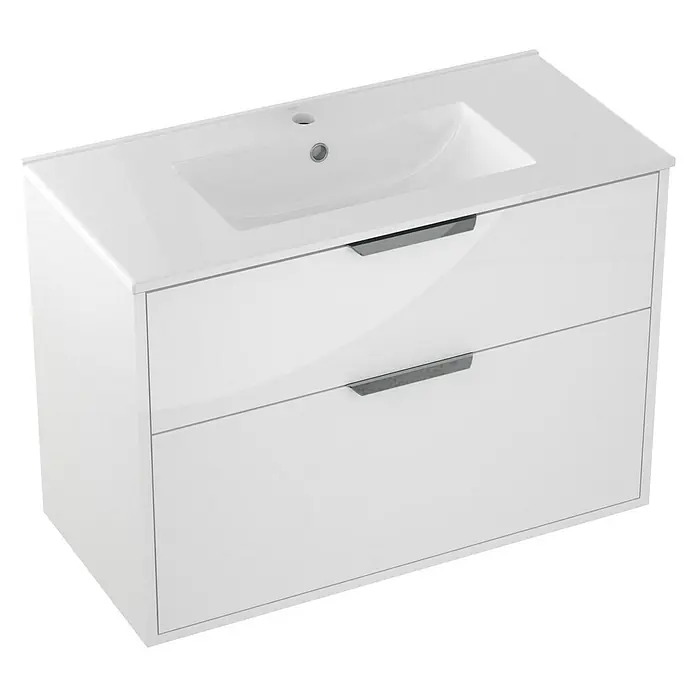 Outlets Bath Waschbeckenunterschrank Triana - Weiß, 80 x 38 x 54 cm, Farbe Griff: Chrom, Hochglänzend - Weißer Waschtischunterschrank mit zwei Schubladen und integriertem Waschbecken. Elegantes Design für moderne Badezimmer.