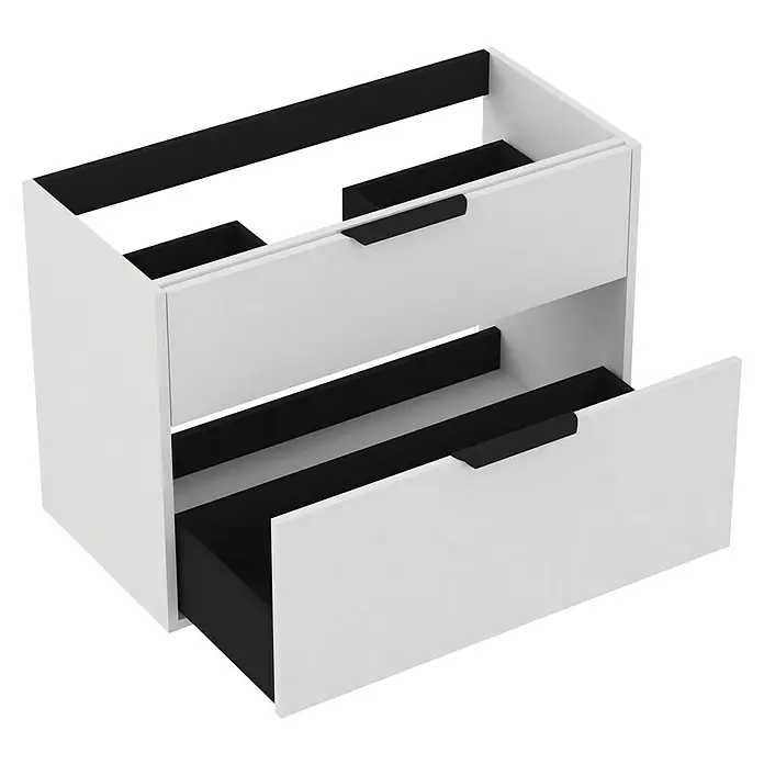 Outlets Bath Waschbeckenunterschrank Triana - Weiß, 80 x 38 x 54 cm, Farbe Griff: Schwarz, Matt - Schubladenelement mit zwei Schubladen, wobei die untere Schublade offen ist, um die Innenausstattung zu zeigen. Praktische Aufbewahrung.