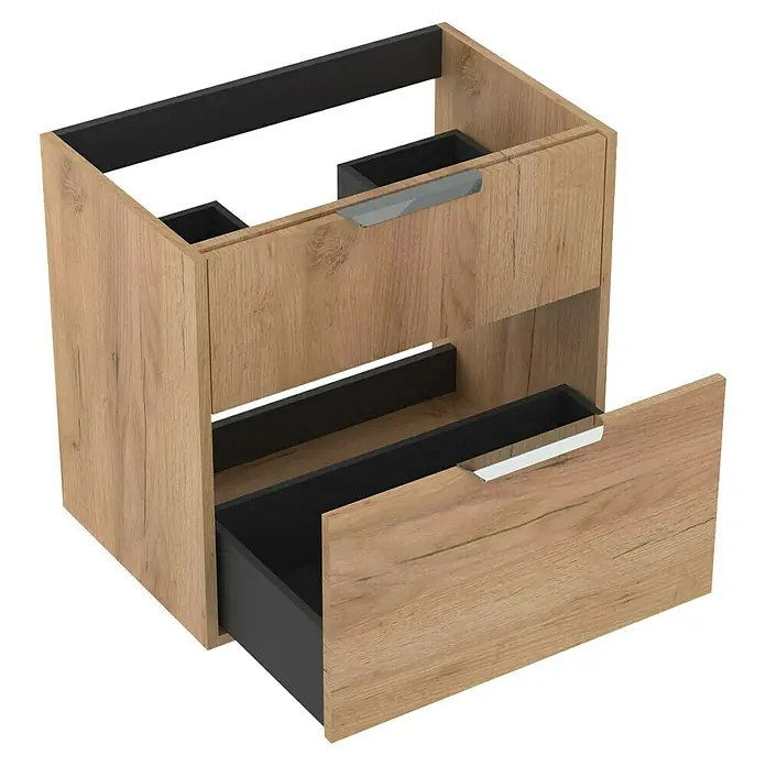 Outlets Bath Waschbeckenunterschrank Triana - Craft Oak, 60 x 38 x 56 cm, Farbe Griff: Chrom - Ein moderner Waschbeckenunterschrank in Holzoptik mit schwarzem Innenleben und Schubladen.
