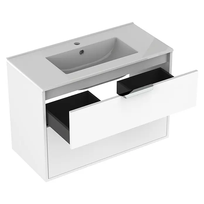 Outlets Bath Waschbeckenunterschrank Triana - Weiß, 80 x 38 x 56 cm, Farbe Griff: Chrom - Moderne weiße Badezimmereitelkeit mit eingelassenem Waschbecken und offenem Schubladendesign für stilvolle Badaufbewahrung.