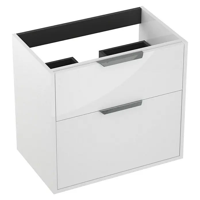 Outlets Bath Waschbeckenunterschrank Triana - Weiß, 60 x 38 x 56 cm, Farbe Griff: Chrom, Hochglänzend - Bild eines weißen Badezimmerunterschranks mit zwei Schubladen und grauen Griffen. Das Möbelstück hat eine glänzende Oberfläche.