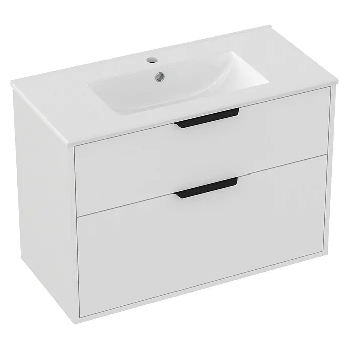 Outlets Bath Waschbeckenunterschrank Triana - Weiß, 80 x 38 x 54 cm, Farbe Griff: Schwarz, Matt - Ein moderner, weißer Badezimmerschrank mit zwei Schubladen und einem integrierten Waschbecken. Perfekt für jedes moderne Badezimmerdesign.