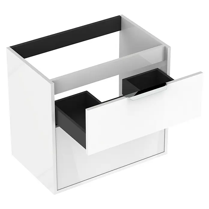 Outlets Bath Waschbeckenunterschrank Triana - Weiß, 60 x 38 x 56 cm, Farbe Griff: Chrom, Hochglänzend - Bild eines weißen Waschtischunterschranks mit offenen Schubladen, die einen Einblick in die dunklen Fächer ermöglichen.