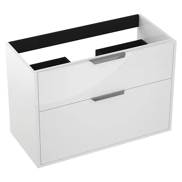 Outlets Bath Waschbeckenunterschrank Triana - Weiß, 80 x 38 x 54 cm, Farbe Griff: Chrom, Hochglänzend - Ein weißer Waschtischunterschrank mit zwei Schubladen und silbernen Griffen. Ideal für moderne Badezimmer.