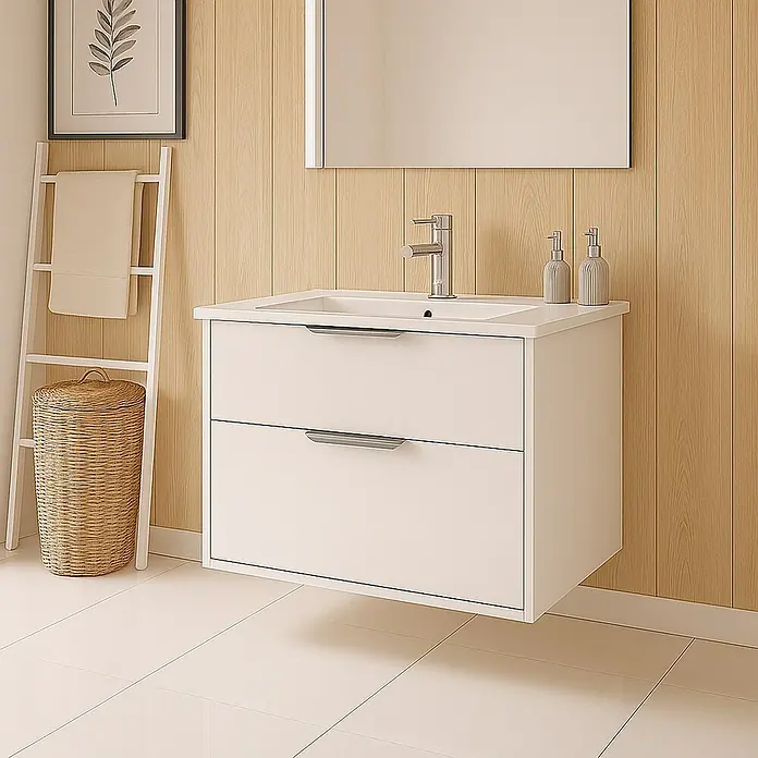 Outlets Bath Waschbeckenunterschrank Triana - Weiß, 60 x 38 x 56 cm, Farbe Griff: Chrom, Matt - Ein schickes, weißes Badezimmer-Waschbecken mit zwei Schubladen und einem modernen Design. Ideal für jedes Badezimmer.