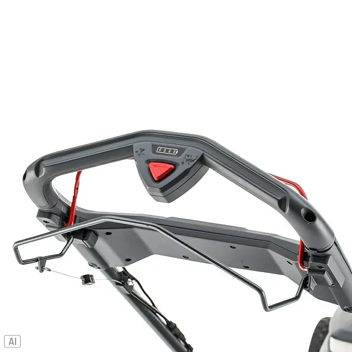 AL-KO 18V/36V Akku-Rasenmäher 34.6 - 18 V - 36 V, 2 Akkus, 2,5 Ah, Schnittbreite: 34 cm - Detailaufnahme des ergonomischen Griffs eines Rasenmähers mit rotem Startknopf und Batteriestandsanzeige.