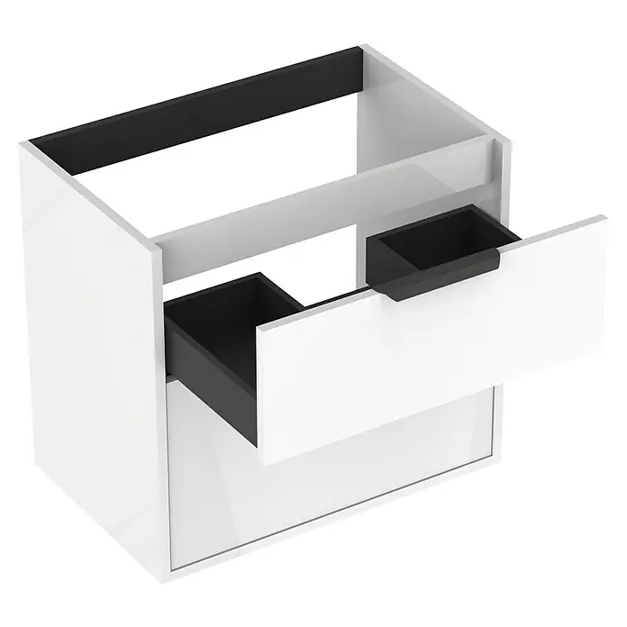 Outlets Bath Waschbeckenunterschrank Triana - Weiß, 60 x 38 x 56 cm, Farbe Griff: Schwarz, Hochglänzend - Ein offener, weißer Hängeschrank mit zwei schwarzen Schubladen bietet Stauraum für Badutensilien und sorgt für Ordnung im Badezimmer.