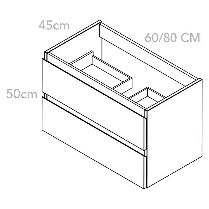 Outlets Bath Waschbeckenunterschrank Atlantis - 60 x 45 x 50 cm, Grau - Abbildung eines Badezimmerschranks mit Schubladen und den Maßen 45cm Tiefe, 50cm Höhe und einer Breite von 60/80cm.