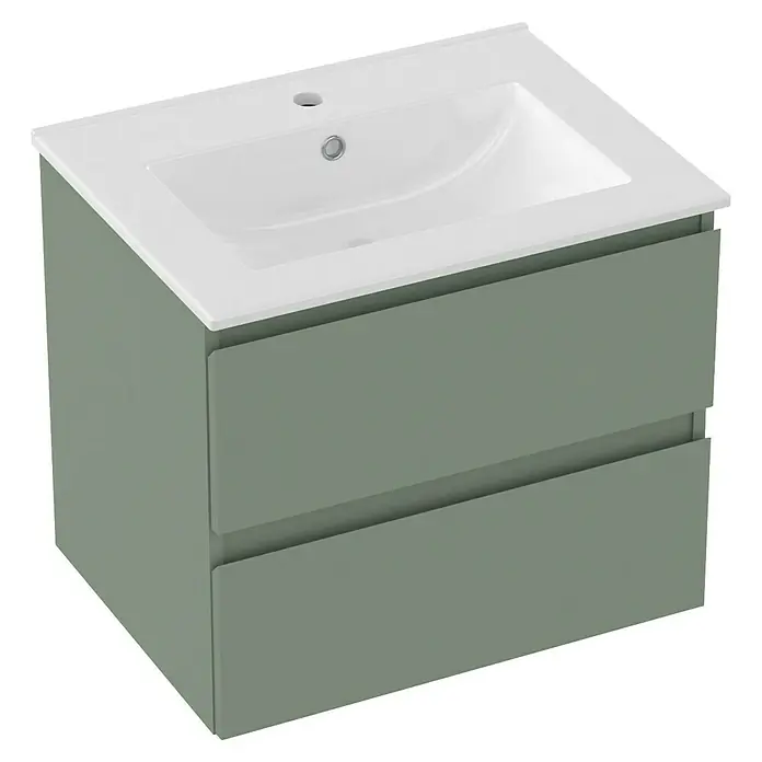 Outlets Bath Waschbeckenunterschrank Atlantis - 60 x 45 x 50 cm, Grün - Modernes Badmöbel-Set mit einem Waschbecken aus Keramik und einem Unterschrank in Salbeigrün mit zwei Schubladen für zusätzlichen Stauraum.