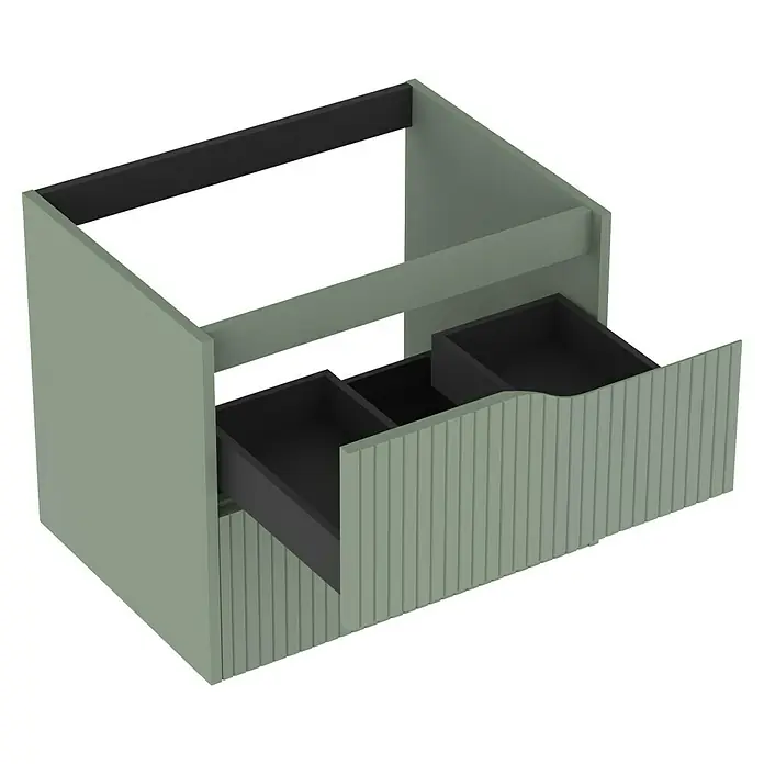 Outlets Bath Waschbeckenunterschrank Soho - 60 x 45 x 50 cm, Grün - Eine Ansicht des modernen Waschtischunterschranks mit grünen Lamellenfronten und Schubladen mit dunklen Innenräumen für das Badezimmer.