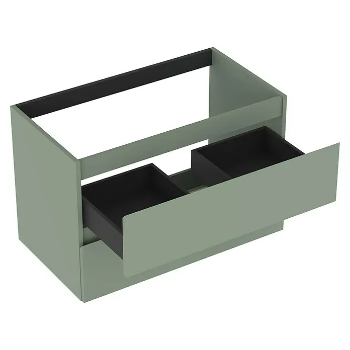 Outlets Bath Waschbeckenunterschrank Atlantis - 80 x 45 x 50 cm, Grün - Eine Nahaufnahme eines grünen Badezimmerschranks mit zwei offenen schwarzen Schubladen auf einem schwarzen Hintergrund.