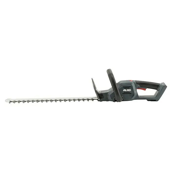 AL-KO 18V/36V Akku-Heckenschere HTD 1855 - Li-Ionen, Ohne Akku, Schnittlänge: 55 cm - Eine graue AL-KO Heckenschere mit silberner Klinge, ideal für den präzisen Schnitt von Hecken und Sträuchern im Garten.