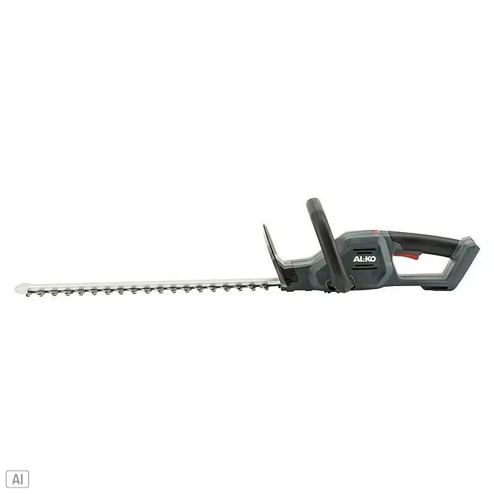 AL-KO 18V/36V Akku-Heckenschere HTD 1855 - Li-Ionen, Ohne Akku, Schnittlänge: 55 cm - Eine graue AL-KO Heckenschere mit silberner Klinge, ideal für den präzisen Schnitt von Hecken und Sträuchern im Garten.