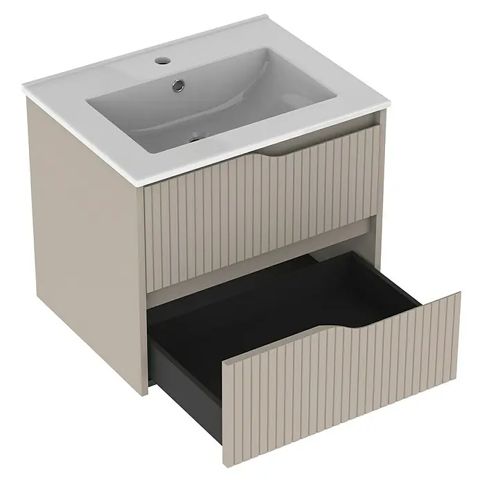Outlets Bath Waschbeckenunterschrank Soho - 60 x 45 x 50 cm, Cashmere - Ein Waschbeckenunterschrank in sanftem Beige mit geriffelter Schubladenfront und modernem, eckigem Waschbecken für stilvolle Badezimmer.