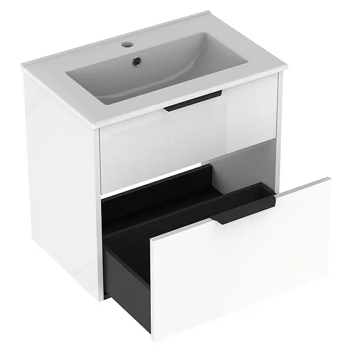 Outlets Bath Waschbeckenunterschrank Triana - Weiß, 60 x 38 x 56 cm, Farbe Griff: Schwarz, Hochglänzend - Bild eines weißen Waschtischunterschranks mit offener Schublade und schwarzem Griff. Stilvolles Design für moderne Badezimmer.