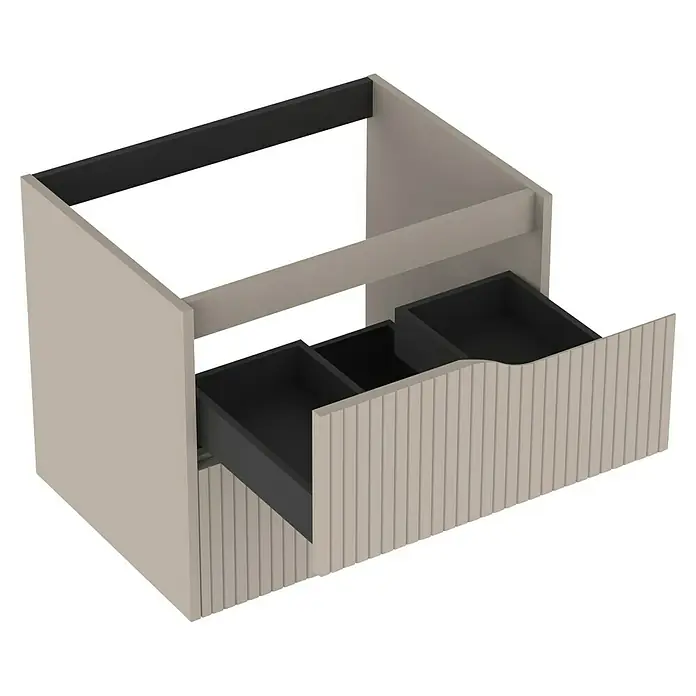 Outlets Bath Waschbeckenunterschrank Soho - 60 x 45 x 50 cm, Cashmere - Ein moderner Badezimmerschrank mit Schubladen in einem neutralen Farbton, ideal für stilvolle Badgestaltung und praktische Aufbewahrung.