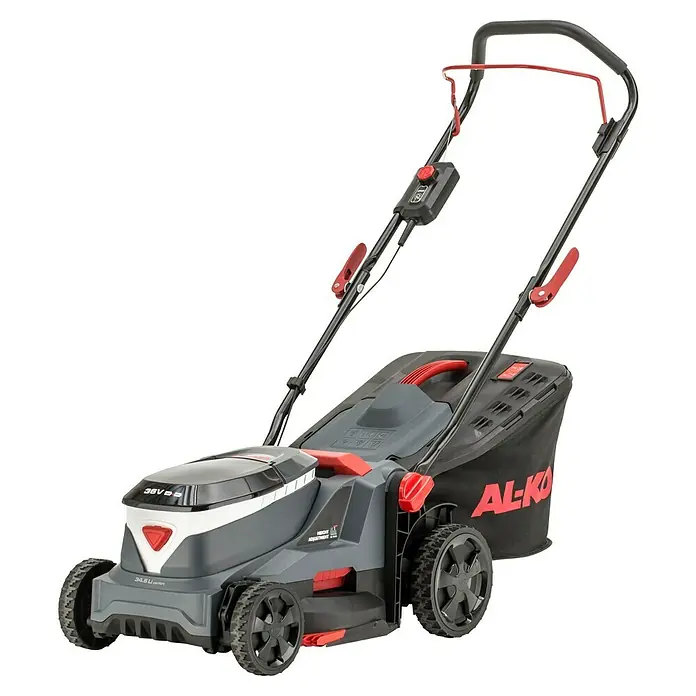 AL-KO 18V/36V Akku-Rasenmäher 34.6 - 18 V - 36 V, 2 Akkus, 2,5 Ah, Schnittbreite: 34 cm - Das Bild zeigt einen AL-KO Akku-Rasenmäher mit Fangkorb und ergonomischem Griff, ideal für mittelgroße Gärten.