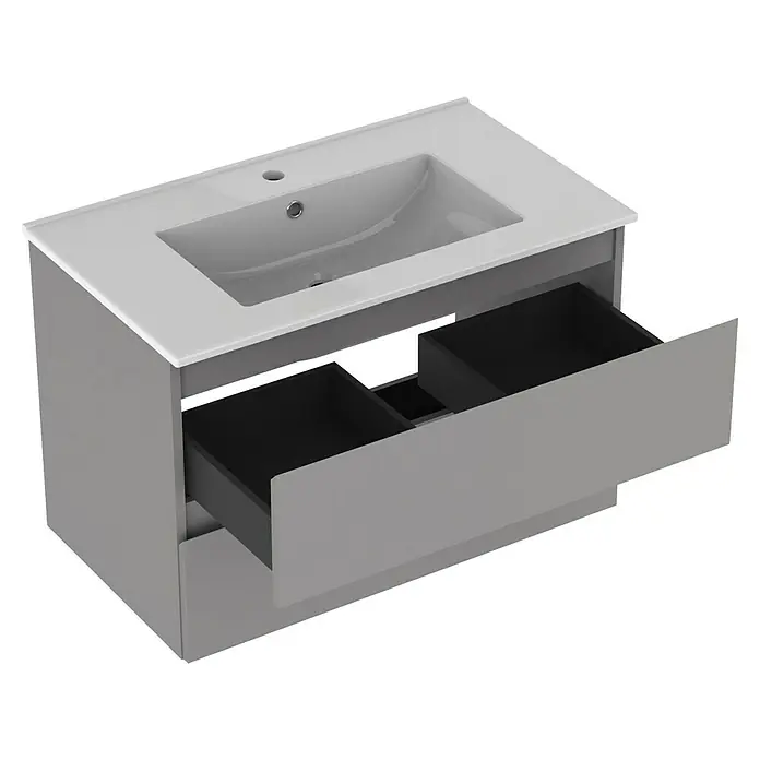 Outlets Bath Waschbeckenunterschrank Atlantis - 80 x 45 x 50 cm, Grau - Nahaufnahme eines modernen Badezimmerschranks mit weißen Waschtisch und offenen Schubladen, der Stauraum und Funktionalität vereint.