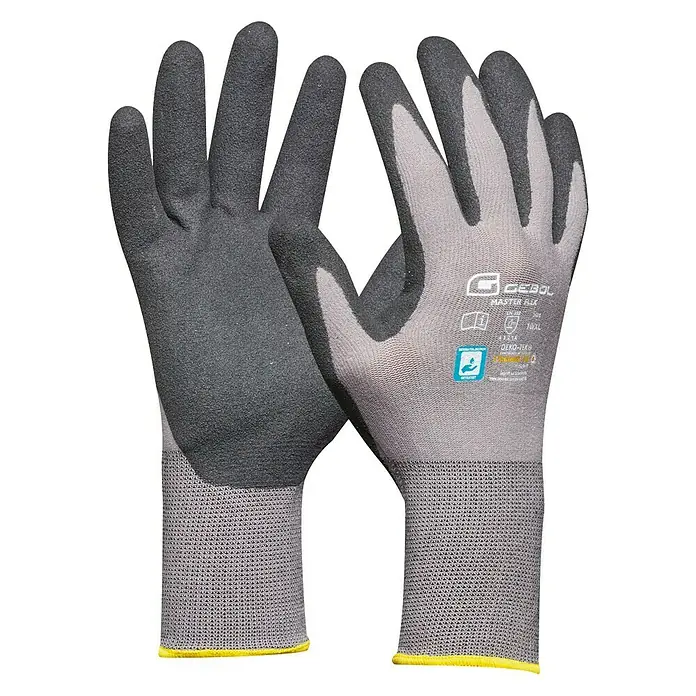 Gebol Guantes de trabajo Master Flex - Talla del guante: 10, Gris - En la imagen, dos guantes de trabajo Cebol Master Flex en gris y negro, que ofrecen una protección y comodidad óptimas para las tareas laborales.