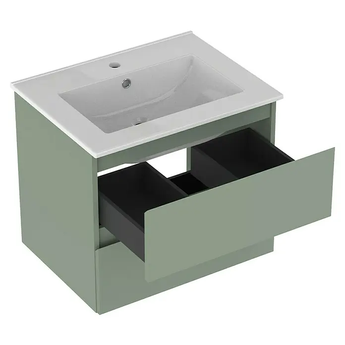 Outlets Bath Waschbeckenunterschrank Atlantis - 60 x 45 x 50 cm, Grün - Moderner Waschtischunterschrank in Salbeigrün mit weißen Aufsatzwaschbecken und Auszügen für Badezimmer.