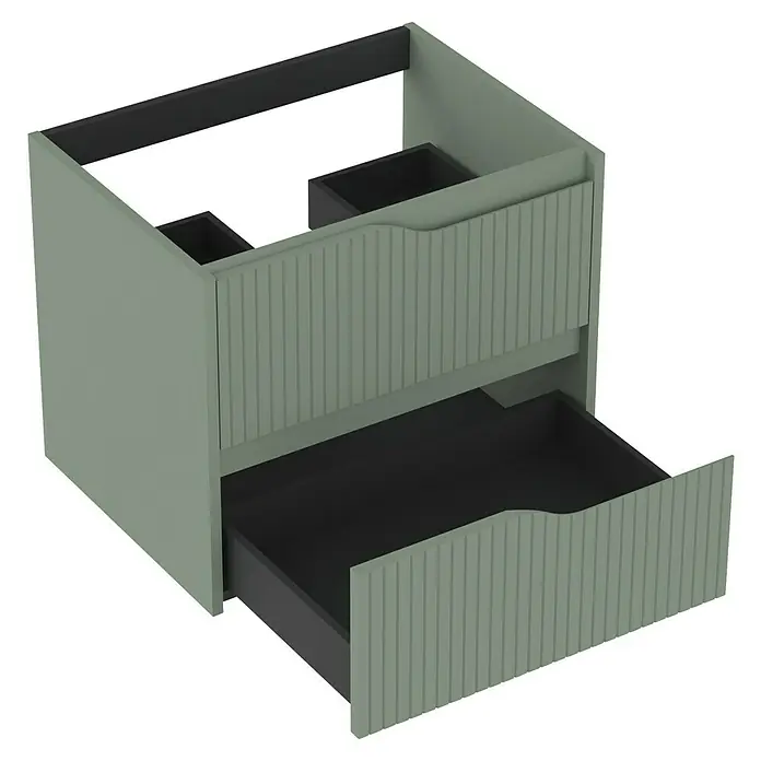 Outlets Bath Waschbeckenunterschrank Soho - 60 x 45 x 50 cm, Grün - Ein moderner Badezimmerschrank in grün mit zwei Schubladen, die mit geriffelten Fronten und schwarzen Innenräumen versehen sind.