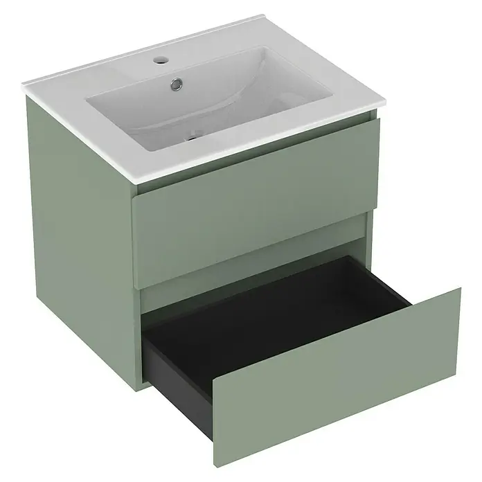Outlets Bath Waschbeckenunterschrank Atlantis - 60 x 45 x 50 cm, Grün - Moderner Badezimmerschrank mit Waschbecken in Grün und Weiß, inklusive einer offenen Schublade. Das Waschbecken hat ein schlichtes Design.