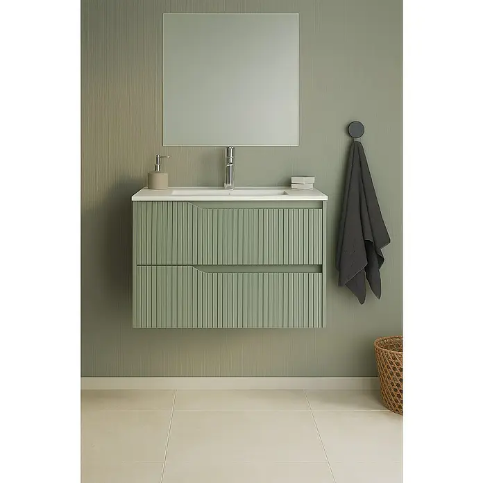 Outlets Bath Waschbeckenunterschrank Soho - 60 x 45 x 50 cm, Grün - Modernes Badezimmer-Waschbecken mit zwei Schubladen in Grün und einem passenden Spiegel, ideal für stilvolle Badezimmerdesigns.