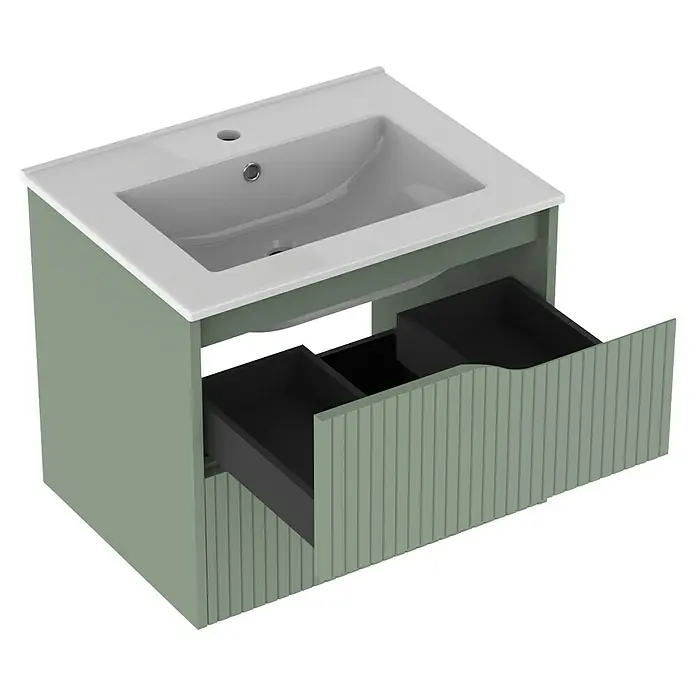 Outlets Bath Waschbeckenunterschrank Soho - 60 x 45 x 50 cm, Grün - Modernes Waschbeckenunterschrank-Set in Grün mit stilvollen, gerillten Schubladenfronten und einem weißen Aufsatzwaschbecken.