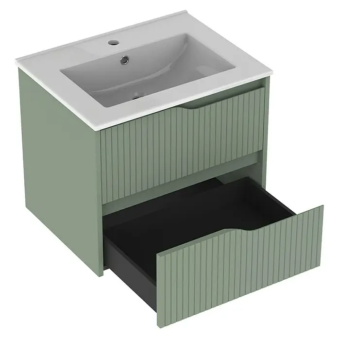 Outlets Bath Waschbeckenunterschrank Soho - 60 x 45 x 50 cm, Grün - Dieser Waschtischunterschrank in Salbeigrün mit Waschbecken und offenem Schubladen ist ein stilvolles Badezimmermöbel.