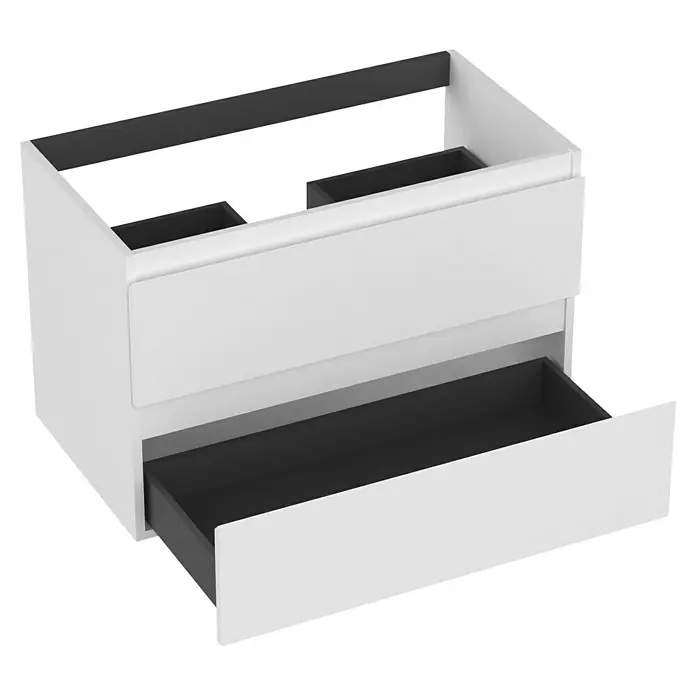 Outlets Bath Waschbeckenunterschrank Atlantis - 80 x 45 x 50 cm, Weiß - Schwebender Badezimmerschrank mit zwei Schubladen, weiße Außenseite und schwarze Innenseite, für eine moderne Badezimmerausstattung.