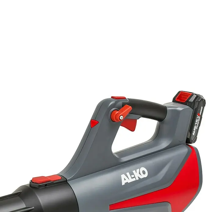 AL-KO 18V/36V Akku-Laubbläser LBD 1880 - 1 Akku, 2,5 Ah, Blasgeschwindigkeit: 152 km/h, Blasleistung: 700 m³/h - Akku-Laubbläser von AL-KO, Modell 18 V, mit grauem Gehäuse und roten Akzenten. Ideal für die Gartenpflege und das Entfernen von Laub.