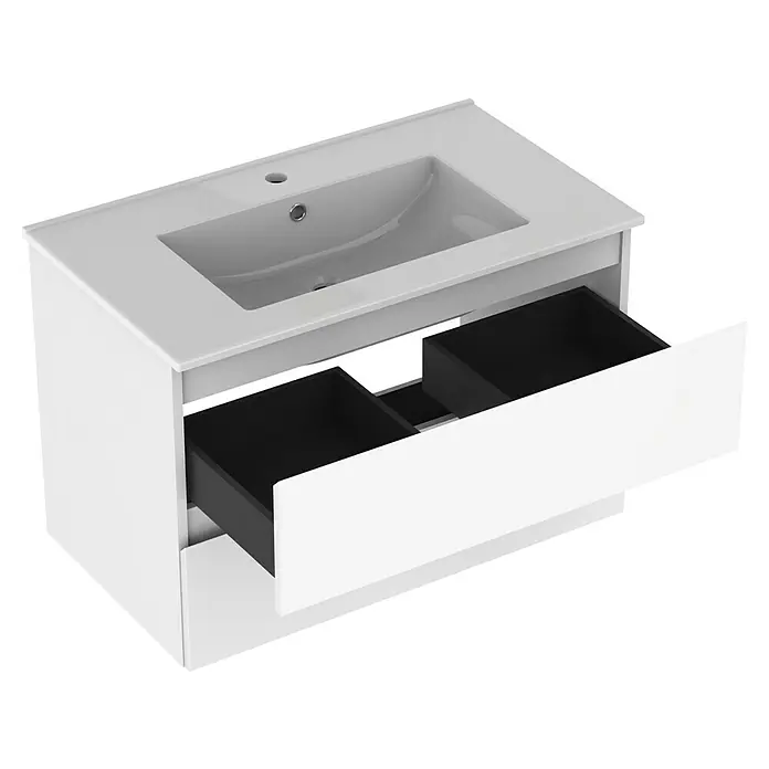Outlets Bath Waschbeckenunterschrank Atlantis - 80 x 45 x 50 cm, Weiß - Bild eines weißen Waschbeckenunterschranks mit zwei Schubladen, die teilweise geöffnet sind.