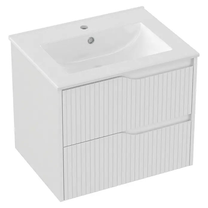 Outlets Bath Waschbeckenunterschrank Soho - 60 x 45 x 50 cm, Weiß - Ein stilvoller, weißer Waschtischunterschrank mit zwei Schubladen und integriertem Waschbecken für moderne Badezimmerdesigns.