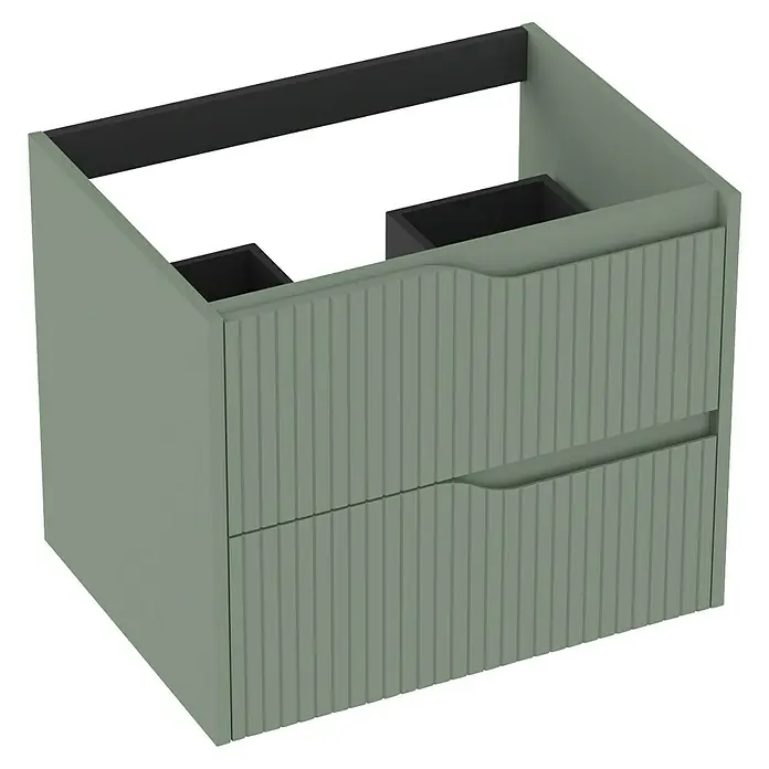 Outlets Bath Waschbeckenunterschrank Soho - 60 x 45 x 50 cm, Grün - Ein moderner, olivgrüner Waschtischunterschrank mit zwei Schubladen und gerillter Front, ideal für jedes Badezimmerdesign.