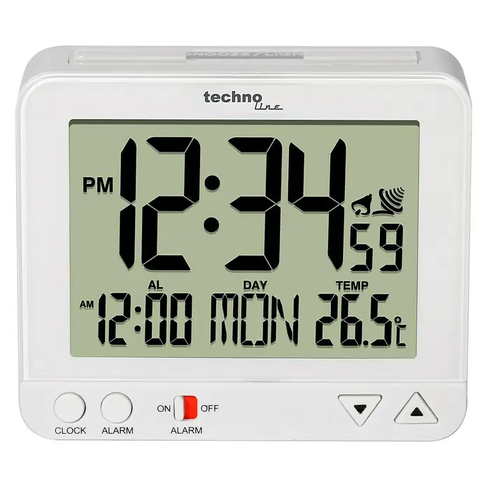 Technoline Funkwecker WT195 - Digitales Display, Batteriebetrieben, Weiß, 3,2 x 9,6 x 8 cm - Nahaufnahme eines weißen TechnoLine-Radioweckers mit digitaler Anzeige, die 12:34 PM, Alarm, Wochentag und Temperatur anzeigt.