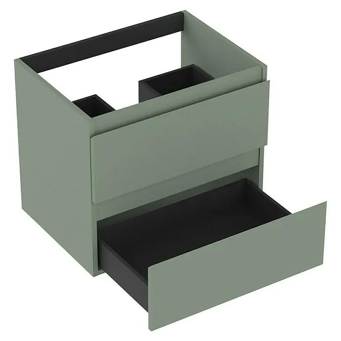 Outlets Bath Waschbeckenunterschrank Atlantis - 60 x 45 x 50 cm, Grün - Ein grüner Waschbeckenunterschrank mit zwei Schubladen, wobei die untere Schublade ausgezogen ist. Perfekt für jedes Badezimmer.