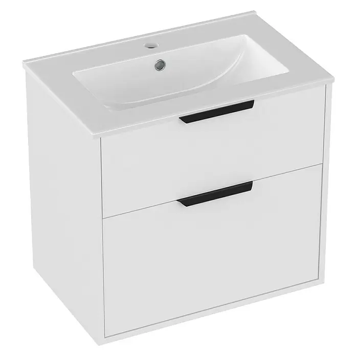 Outlets Bath Waschbeckenunterschrank Triana - Weiß, 60 x 38 x 56 cm, Farbe Griff: Schwarz, Hochglänzend - Bild eines weißen Badezimmerschranks mit zwei Schubladen und einem eingelassenen Waschbecken, ideal für moderne Badezimmer.\n