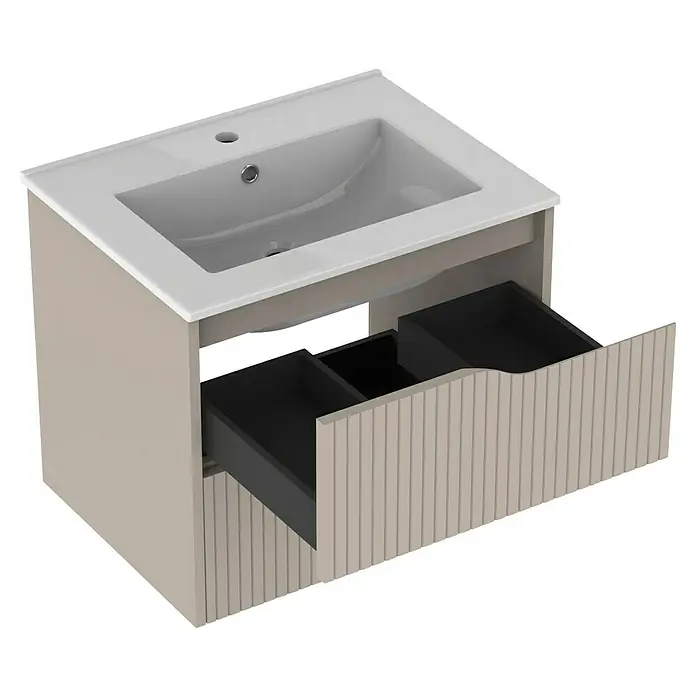 Outlets Bath Waschbeckenunterschrank Soho - 60 x 45 x 50 cm, Cashmere - Ein Waschbeckenunterschrank mit zwei Schubladen in Beige und Weiß, ideal für ein modernes Badezimmerdesign.