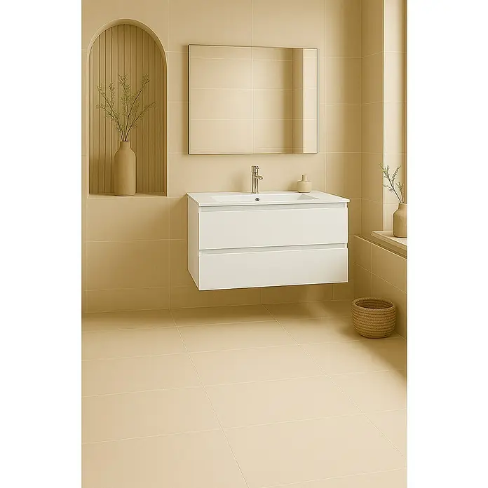 Outlets Bath Waschbeckenunterschrank Atlantis - 80 x 45 x 50 cm, Weiß - Ein modernes Badezimmer mit einem weißen Waschtisch mit zwei Schubladen, einem Spiegel und beigen Fliesen für ein stilvolles Ambiente.