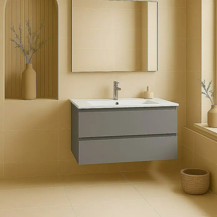 Outlets Bath Waschbeckenunterschrank Atlantis - 80 x 45 x 50 cm, Grau - Ein grauer Waschtischunterschrank mit zwei Schubladen und einem weißen Waschbecken unter einem rechteckigen Spiegel im Badezimmer.